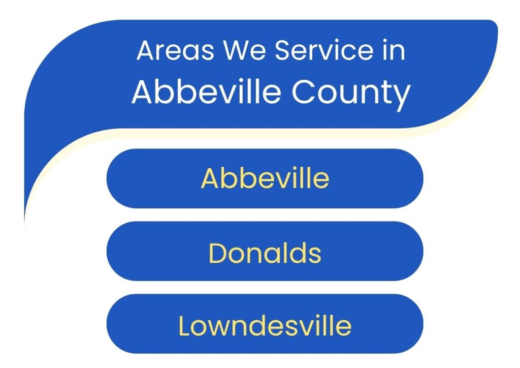 We service the following areas in Abbeville County: Abbeville 29620; Donalds 29638; and Lowndesville 29659.
