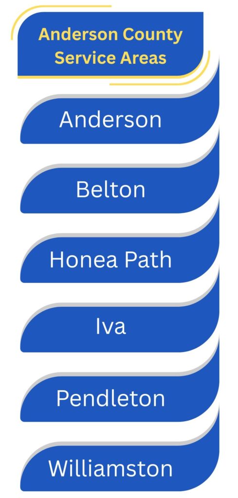 We service Anderson County in the following towns: Anderson, Belton, Honea Path, Iva, Pendleton, Williamston. 29621, 29622, 29624, 29626, 29627, 29654, 29655, 29670, 29697