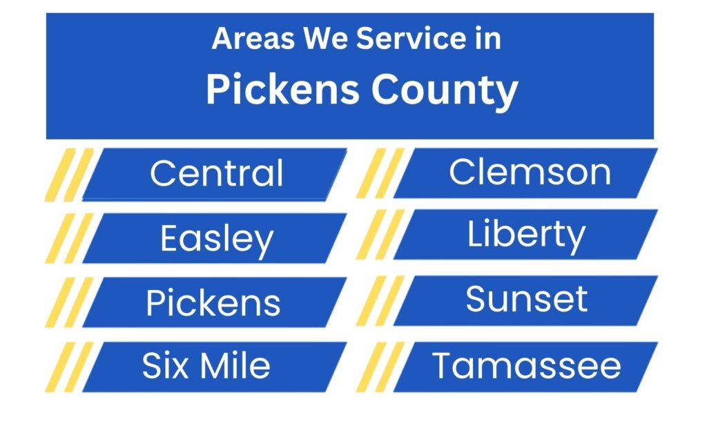 We service the following areas in Pickens County: Central 29630, Clemson 29631, 29632; Liberty, 29657; Easley, 29640, 29641; Sunset, 29685; Six Mile, 29682; and Tamassee 29686.